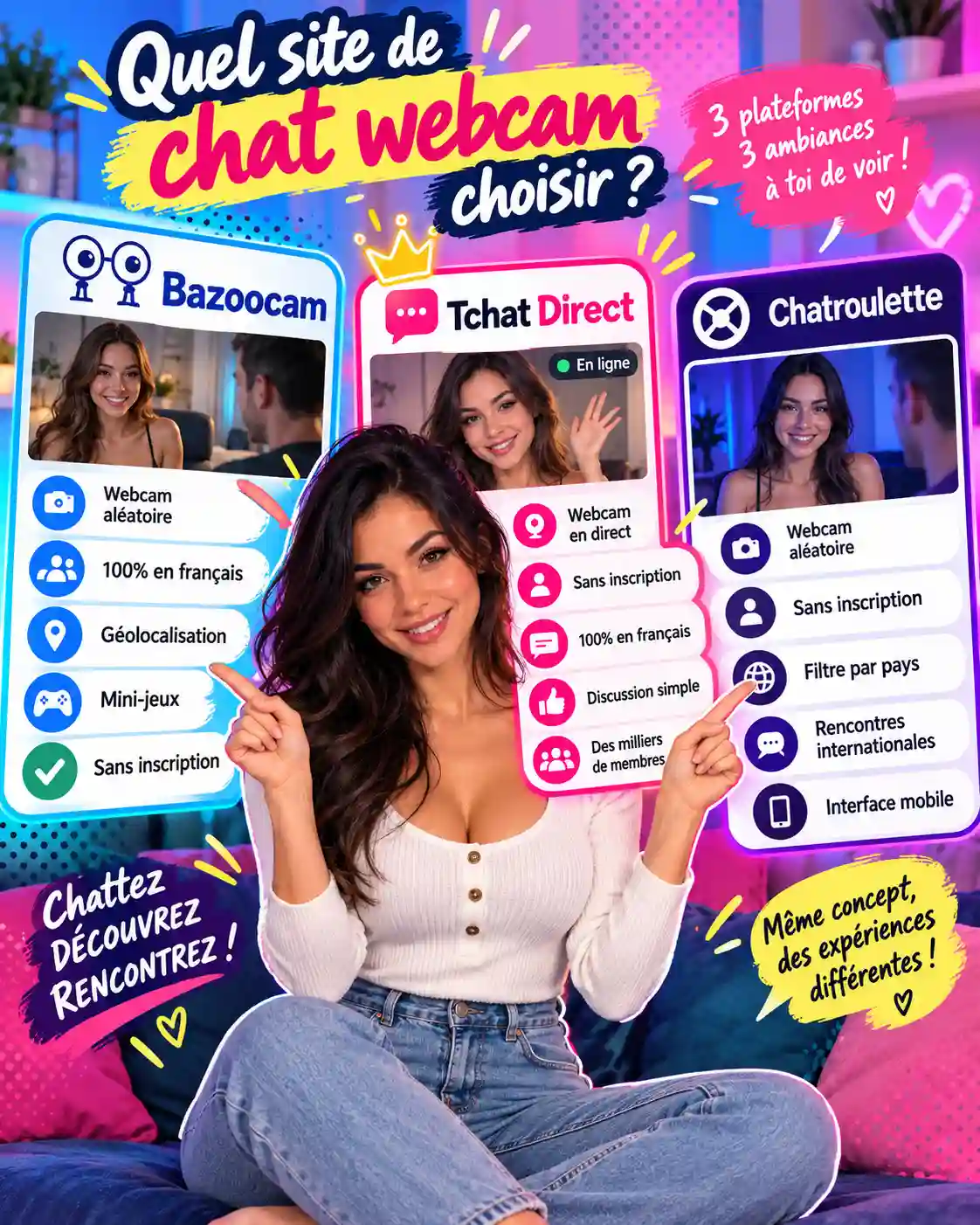Tchat Direct avec salons publics, discussion privée et webcam